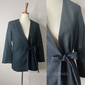 TELA Wool Silk Blend Cropped Blazer Wrap Jacket with Tie